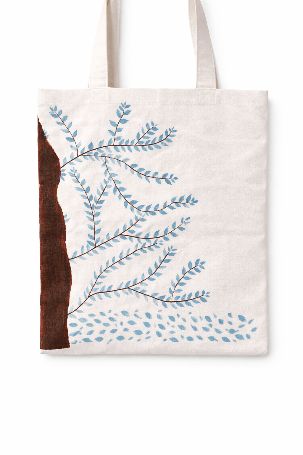 Blue Leaf Hand-Painted Canvas Tote Bag