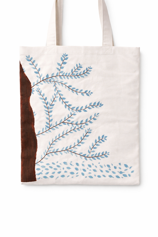 Blue Leaf Hand-Painted Canvas Tote Bag