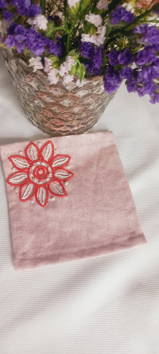 Flower-Set of 6 Hand Embroidered Coaster