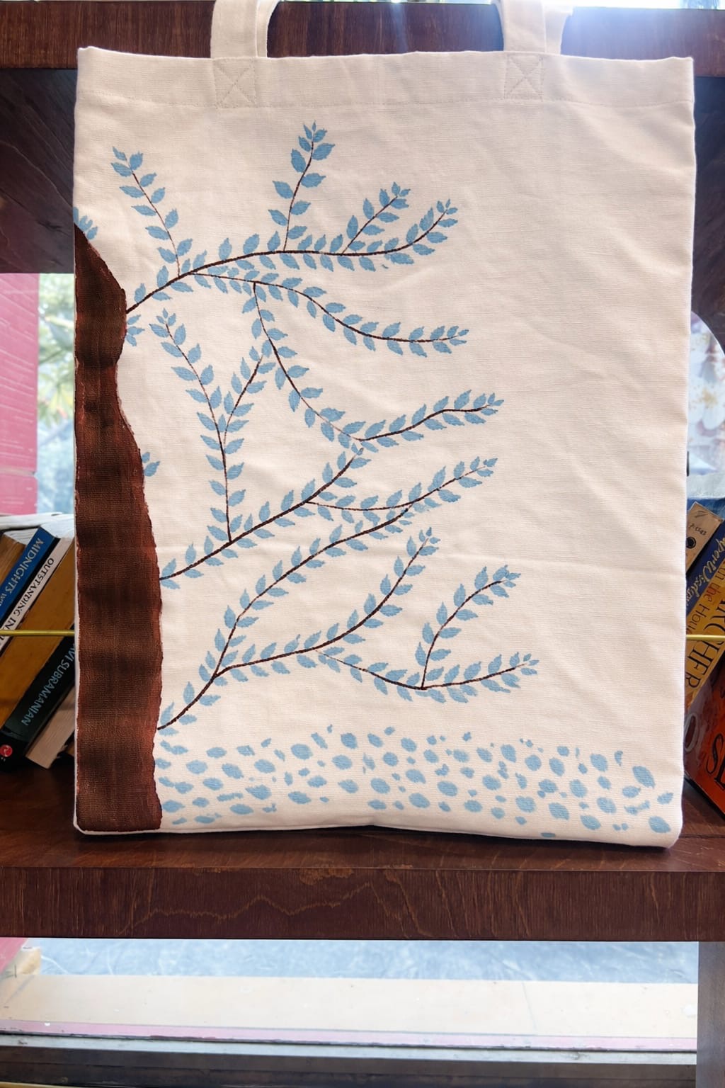 Hand painted blue leaf canvas tote bag eco friendly reusable shopping bag for women