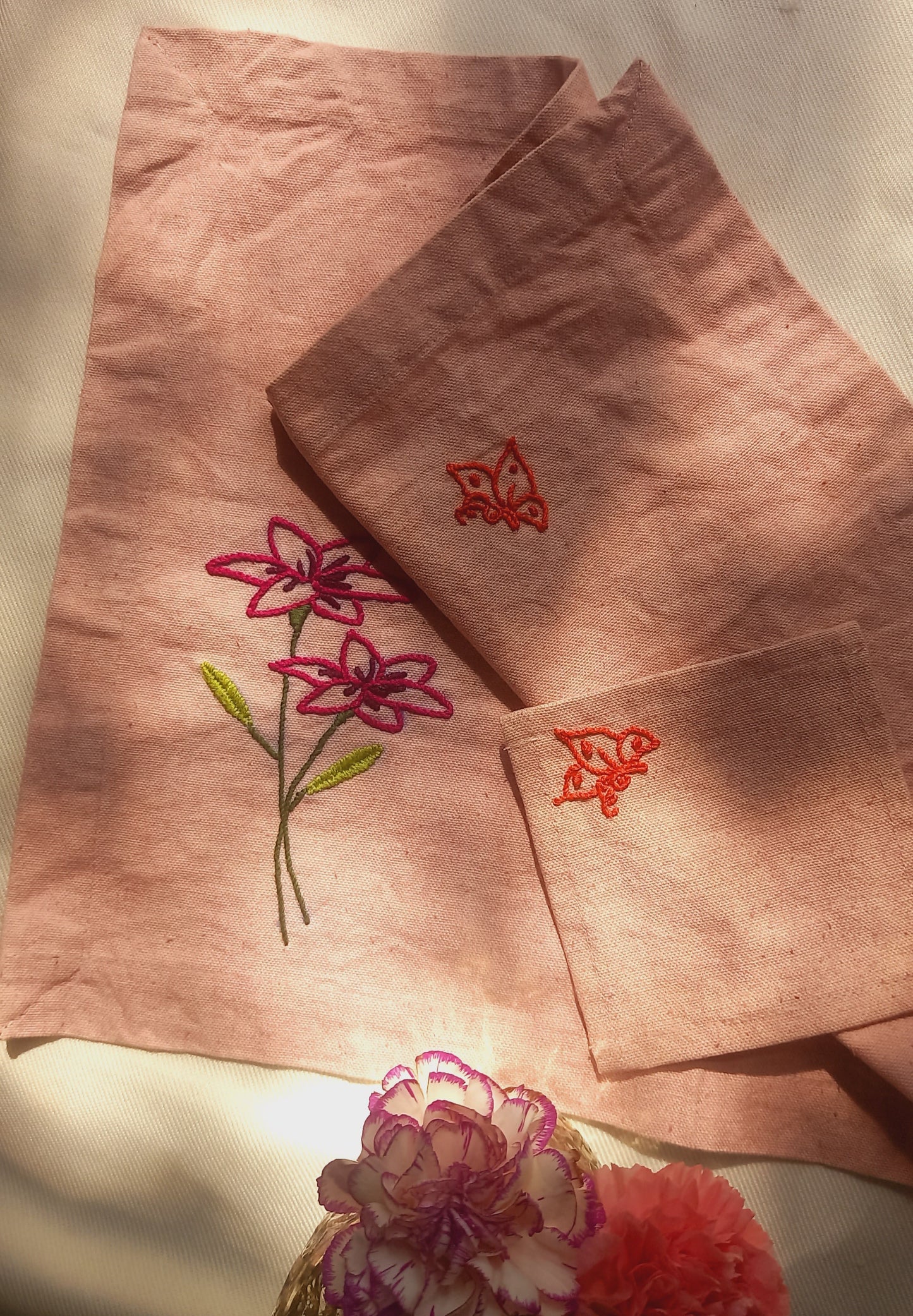 Blossoming Flower, Littlebutterfly- Hand Embroidered Table Mat and Coaster