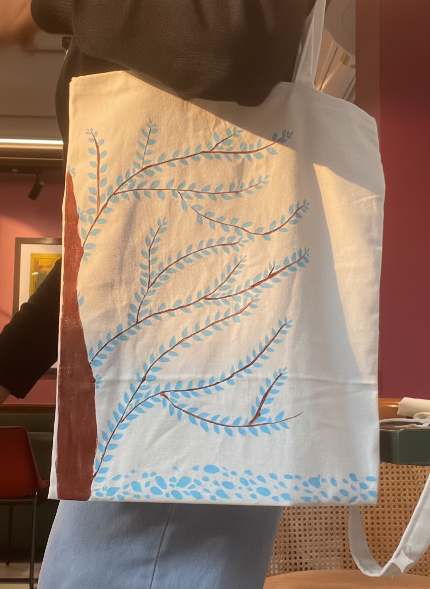 Hand painted blue leaf canvas tote bag eco friendly reusable shopping bag for women