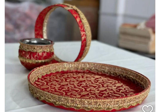 Adorable Karwa Chauth brocade Thaali set 🌸 Handmade with Love With Cover